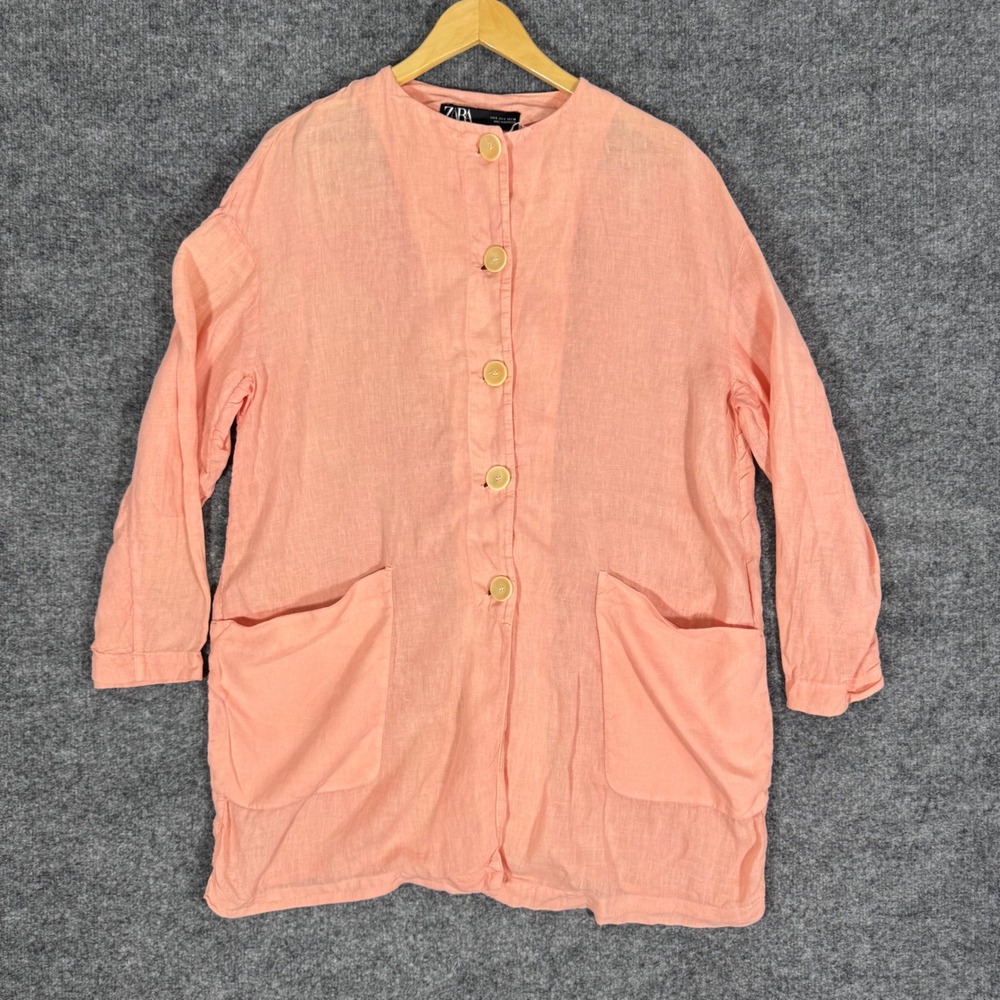 Zara Linen Button Up Tunic Pockets Women S Pink Coral 100% Linen EUC